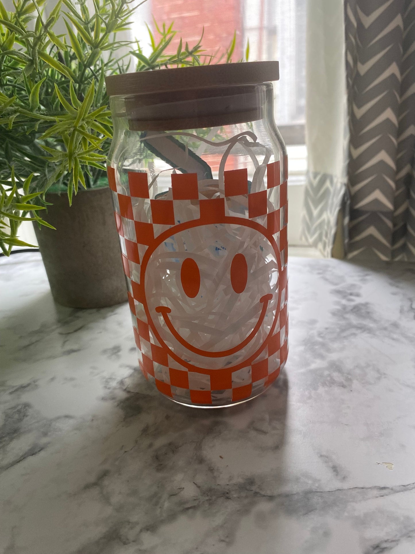 Checkered Libby Glass | Smiley Libby Glass | 16oz Glass | can glass cup | gift | Drinkware | handmade | Glass Tumbler | Can Glass