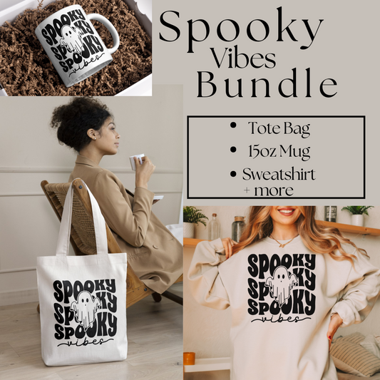 Spooky Vibes Bundle, Tote bag bundle, Sweatshirt Bundle, Spooky mug bundle, spooky season, Halloween bundle, gift, gift bundle, mug bundle