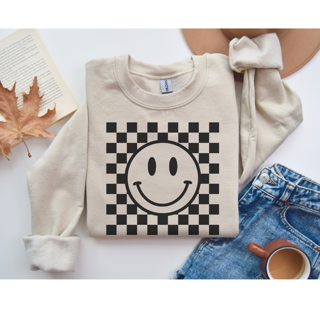 Checkered Smile Crewneck, smiley face, checkered sweatshirt