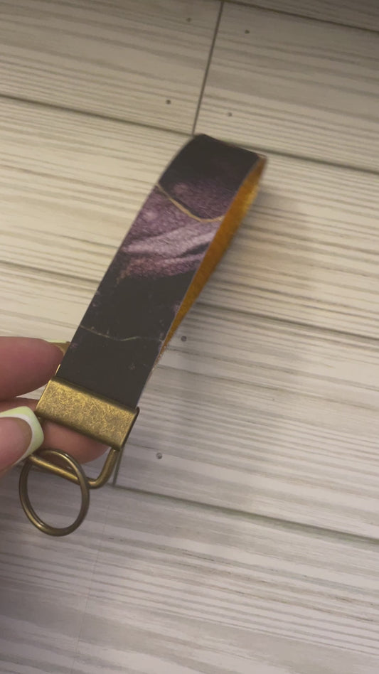 Key Fob, Key Fob Wristlet, Keychain, wristlet, purple and gold marble, brass hardware, gift