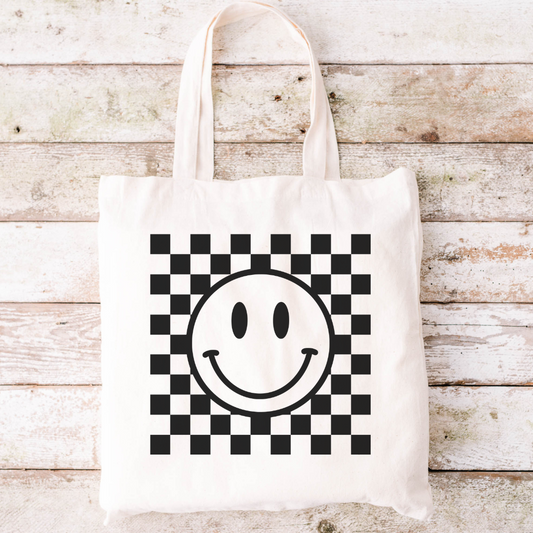 Checkered Smiley Tote Bag, tote bag, gift, smiley face