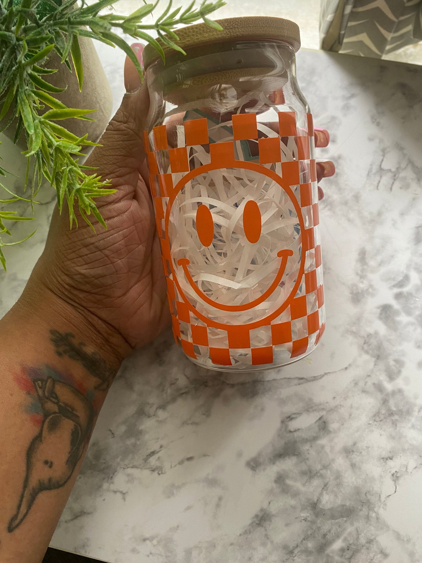 Checkered Libby Glass | Smiley Libby Glass | 16oz Glass | can glass cup | gift | Drinkware | handmade | Glass Tumbler | Can Glass